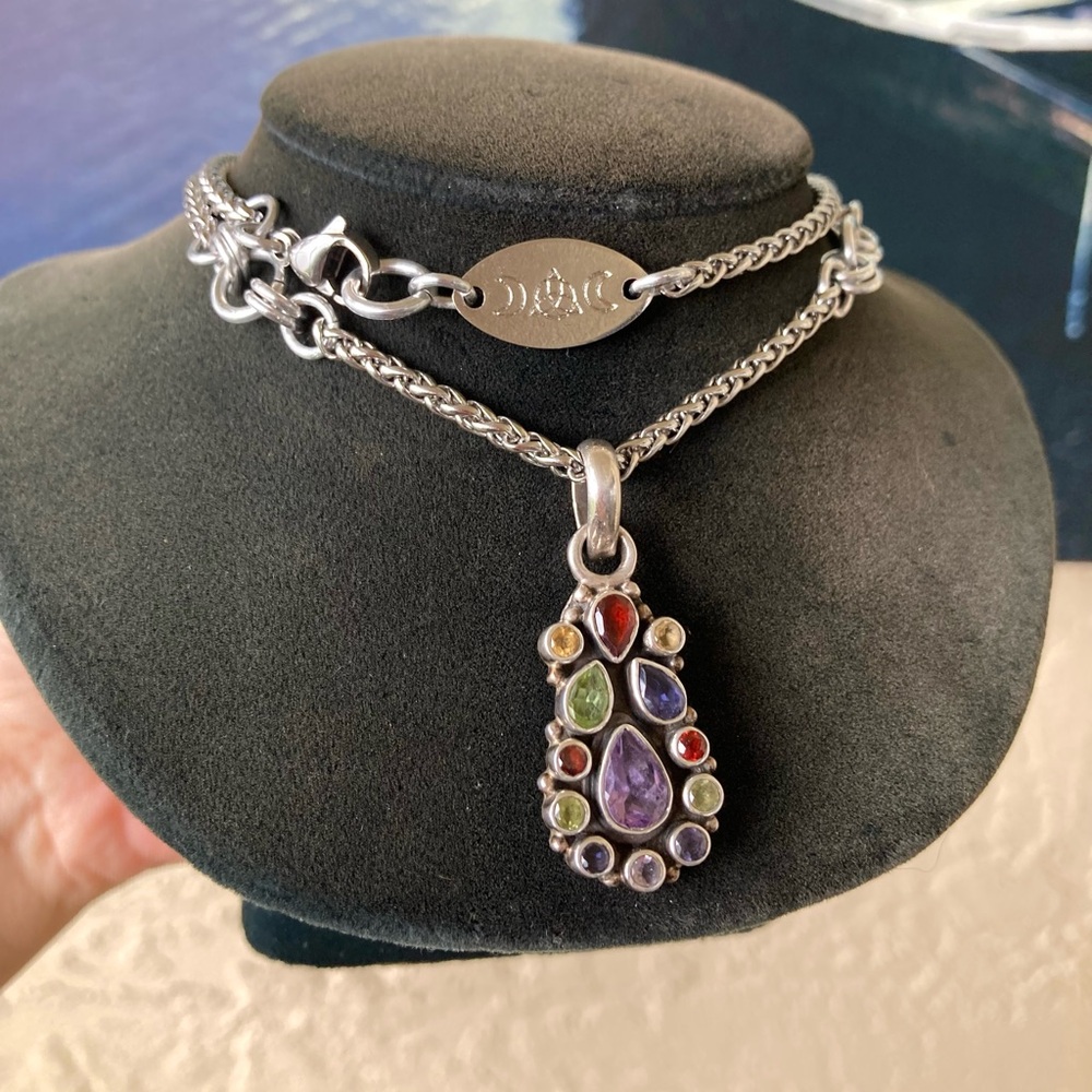 925 sterling silver genuine multi gemstone charm stainless steel chain necklace - Picture 2 of 9